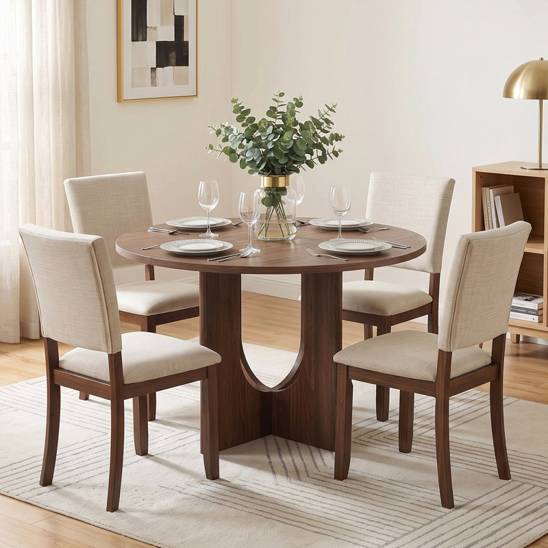Table de salle à manger ronde de style transitionnel de 119 cm (47 po) avec pied central en forme de U, Walnut