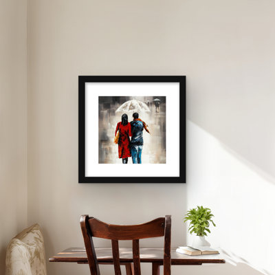 «Quiet Walk in Couple in the Rain», reproduction d'art encadrée