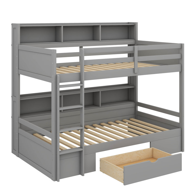Twin-Sized Bunk Bed With Integrated Shelves On Both Bunks And A Storage Drawer, Gray