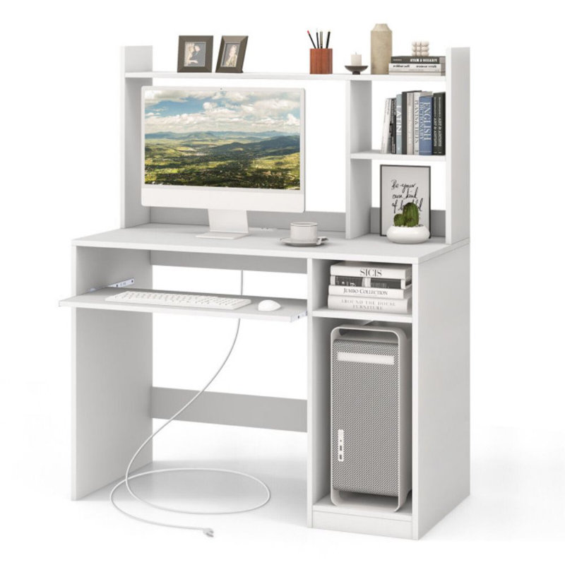 Bureau d'ordinateur personnel avec plateau pour bibliothèque et support pour unité centrale, Blanc