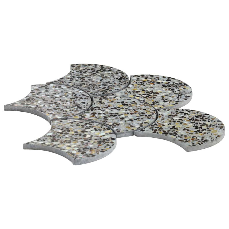 Reef 5" Fish Scale Polished Pearl Terrazzo Mosaic Tile, Gray