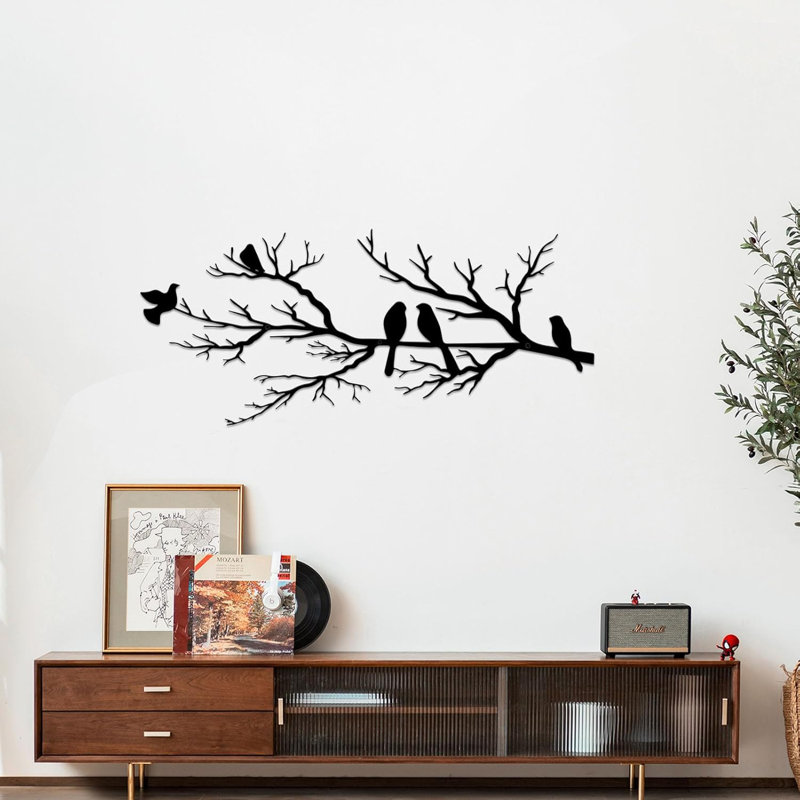 Sculpture murale en métal, oiseaux vifs en métal sur une branche, décoration murale feuilles noires avec oiseau