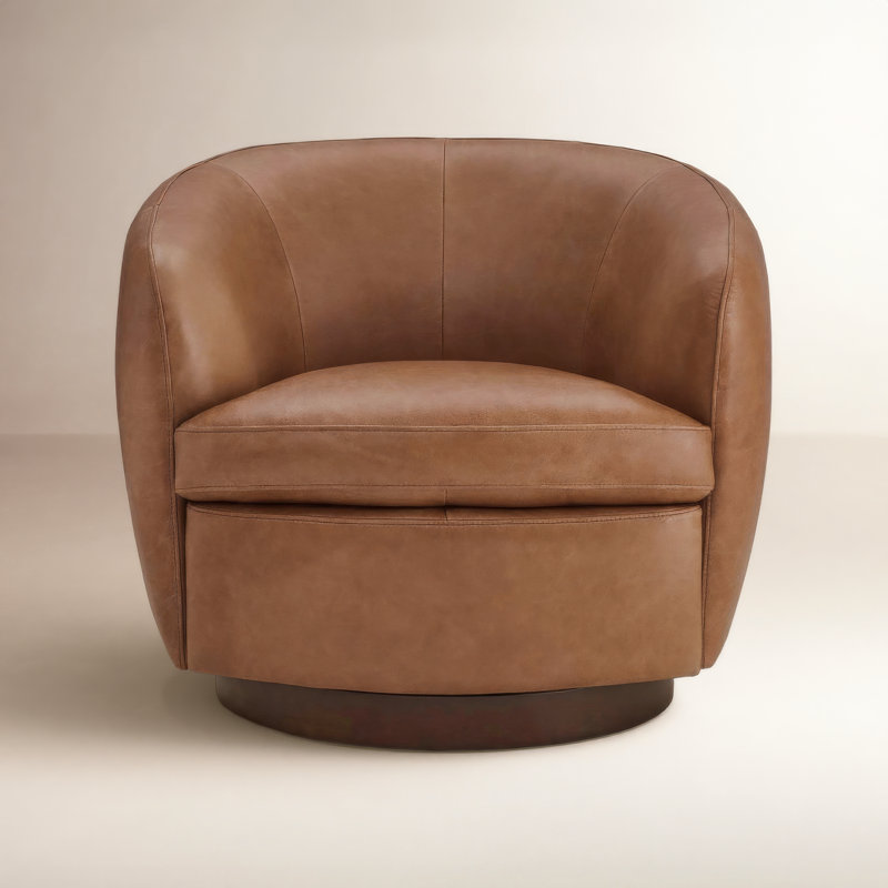 Marcy Vegan Leather Swivel Barrel Chair, Copley Saddle Brown Faux Leather
