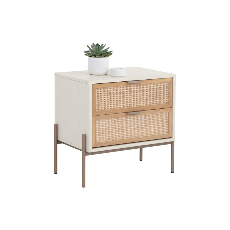 Cream Oak and Rattan 2-Drawer Nightstand with Gold Iron Legs