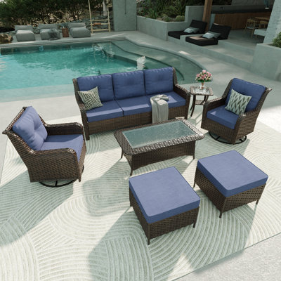 7-Piece All-Weather Wicker Patio Conversation Set With Swivel Chairs & Glass Coffee Table