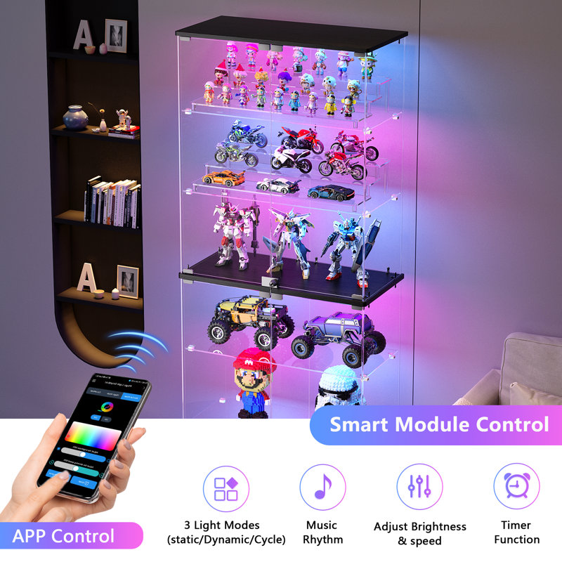 Glass Display Cabinet with RGB Lights & Lock, 6-Tier Curio Cabinet with App Control for Collectables, Black