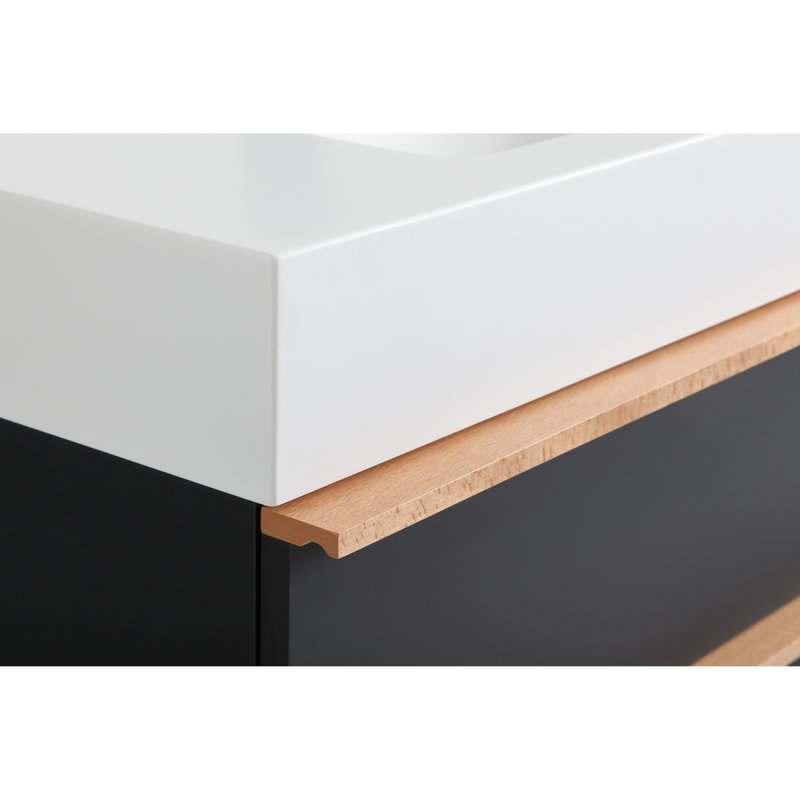 Meuble-lavabo mural noir avec tiroirs à fermeture douce, lavabo en acrylique une pièce, poignées en bois massif bicolore, organisateur de rangement, surface en peau matte, meuble-lavabo intégré, lavabo intégré,
