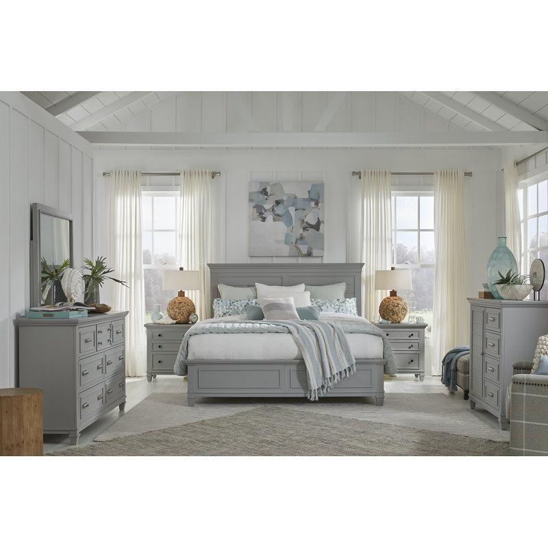 Grand lit à panneau gris avec 2 tables de chevet, gris, Grand, 3 Pcs: Bed, 2 Nightstands