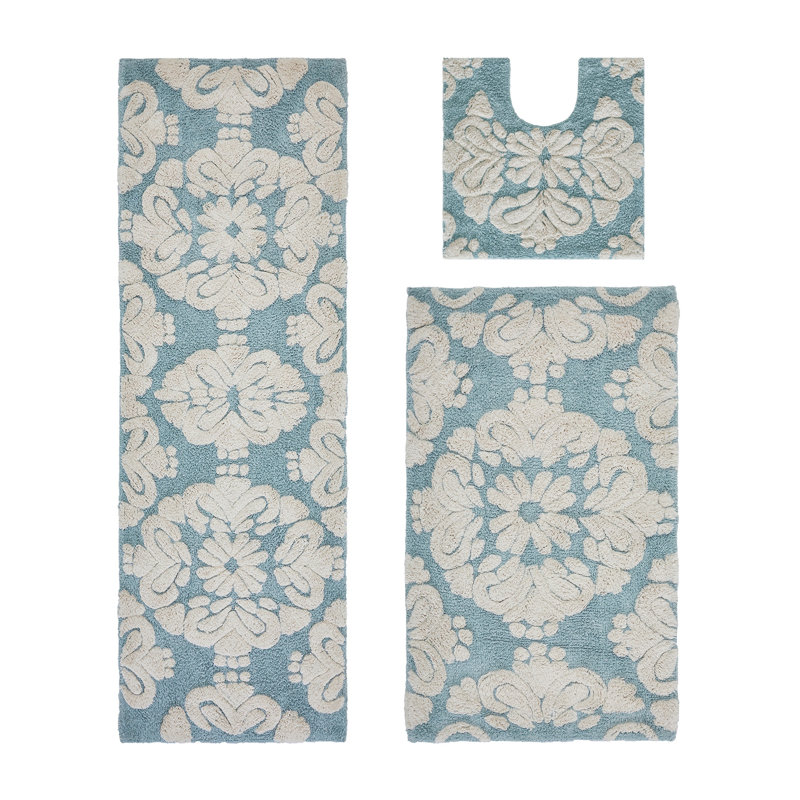 Chemash Premium 100% Cotton 1885 GSM 3-Piece Bath Rug Set, OEKO-TEX® Certified, Non-Slip Spray Latex Backing, Plush Tufted Bath Mats for Shower, Bathtub, Vanity, Sink & Toilet Areas, Super Absorbent, Machine Washable, Blue