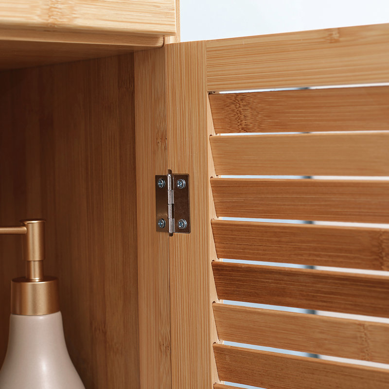 Tall Bathroom Cabinet With Drawer And Slatted Shelves, Slim Bamboo Linen Tower With Louvered Door, Natural