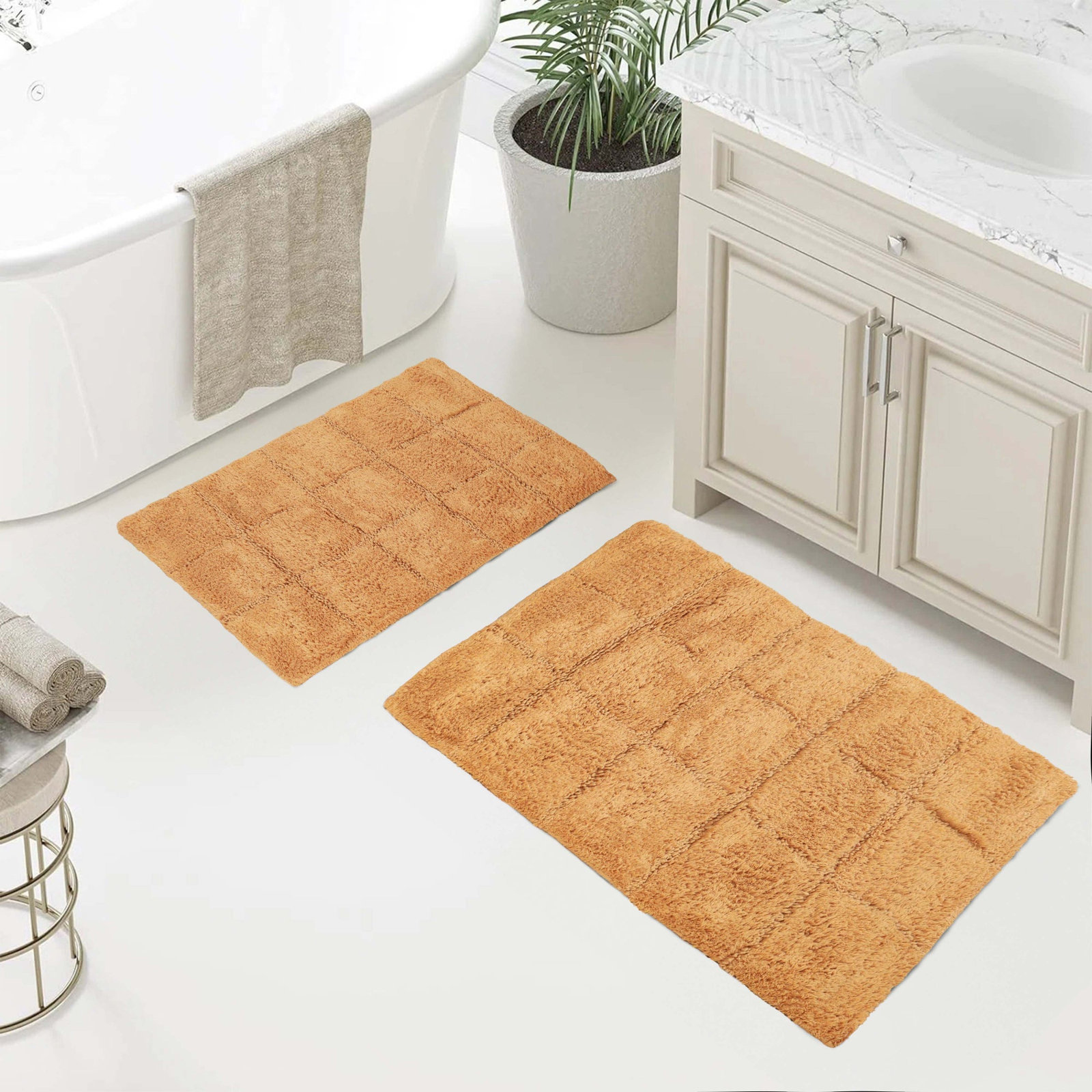 Checkered Cotton Bath Rug, Checkers Rust