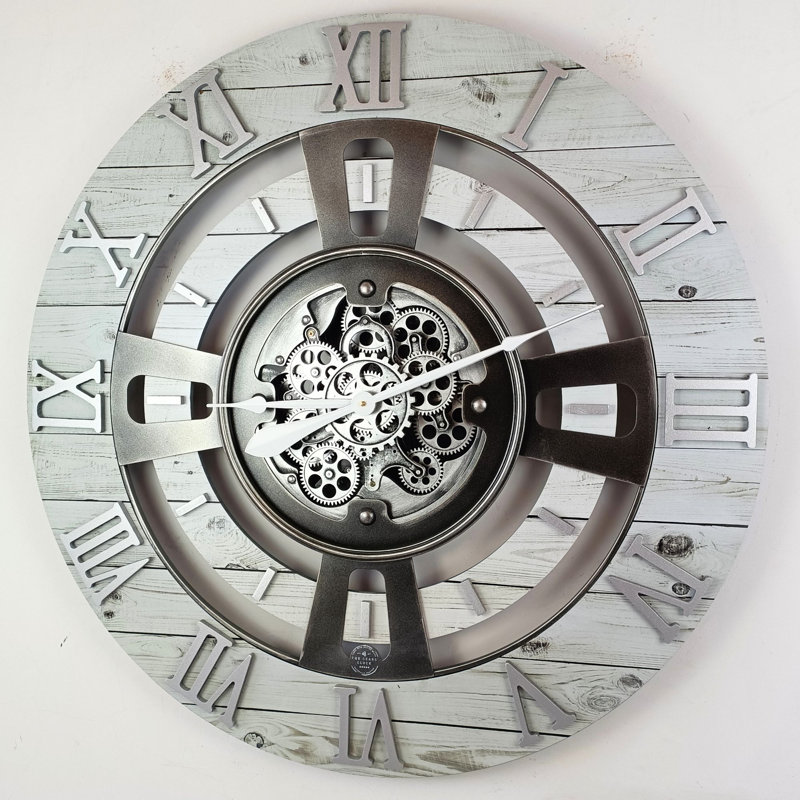 Wall Clock 36" Oversized for Living Room decor with Real Moving Gears England Collection, White Farmhouse