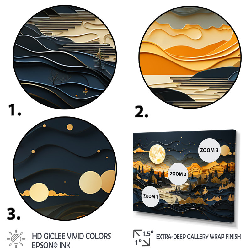 «Yellow and Black Mountains River Serenity III - River», reproduction d'art sur toile, Cadre flottant noir