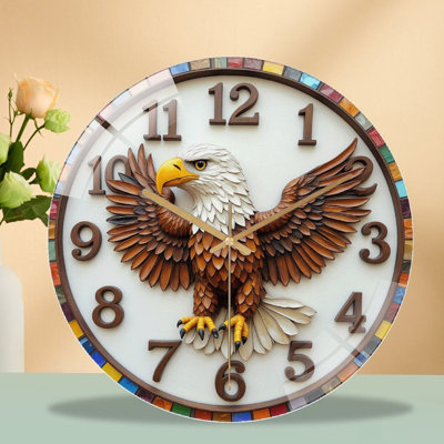 Horloge murale silencieuse en verre trempé de 30 cm, « Horloge murale Aigle 2D », décoration murale artistique pour la maison. Fonctionne avec des piles AA (non incluses).