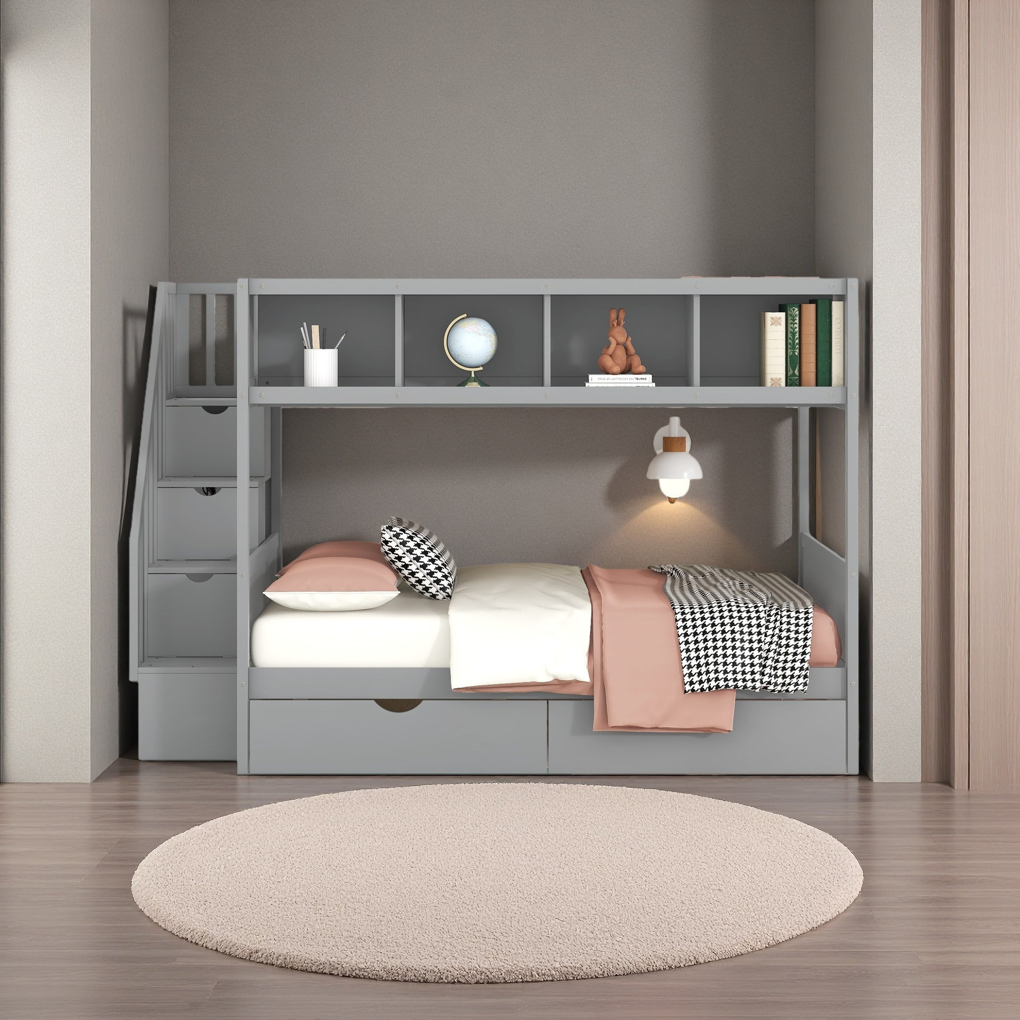 Harriet Bee Bunk Bed With Shelfs, Storage Staircase And 2 Drawers ...