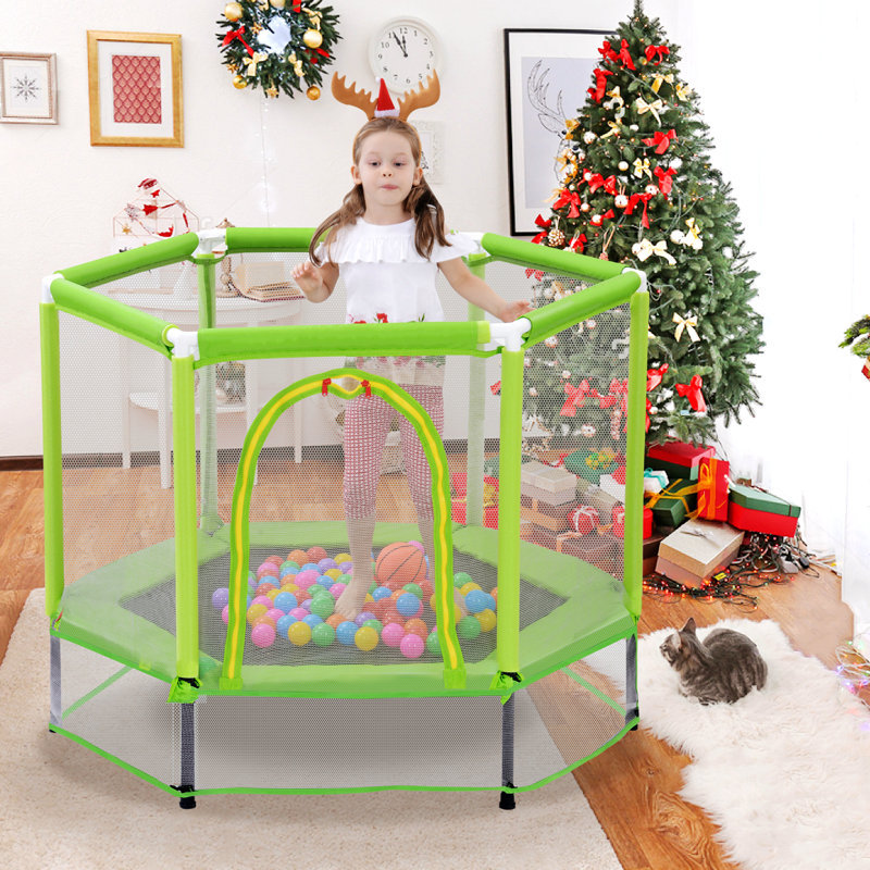 Toddlers Trampoline with Safety Enclosure Net and Balls, Green