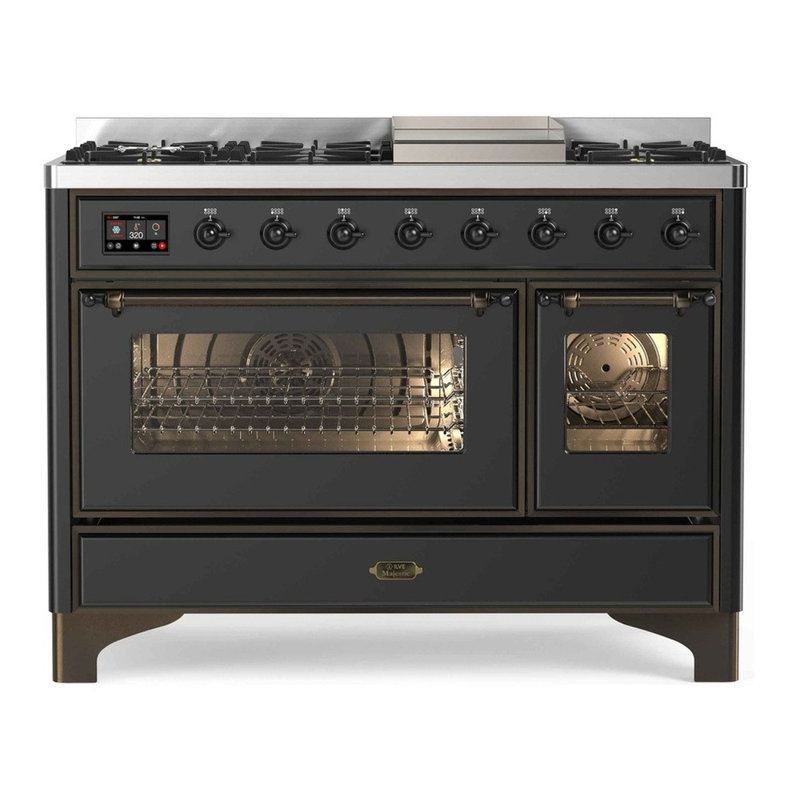 ILVE Majestic II Series 48 inch Dual Fuel Range with 8 Sealed Burners, Griddle (Glass Door), Liquid Propane