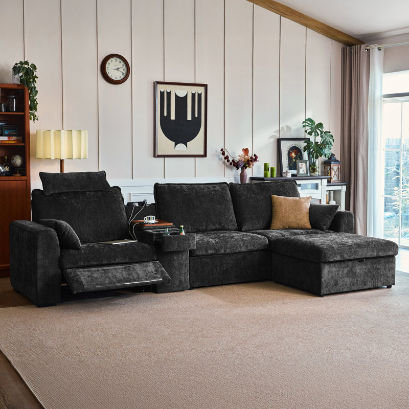 4-seater Chenille Oversized Power Recliner Sofa With Headrest, Modular Cloud Sectional Couch With Convertible Table, Charging, Drawer, Cup Holder, With Storage Ottoman