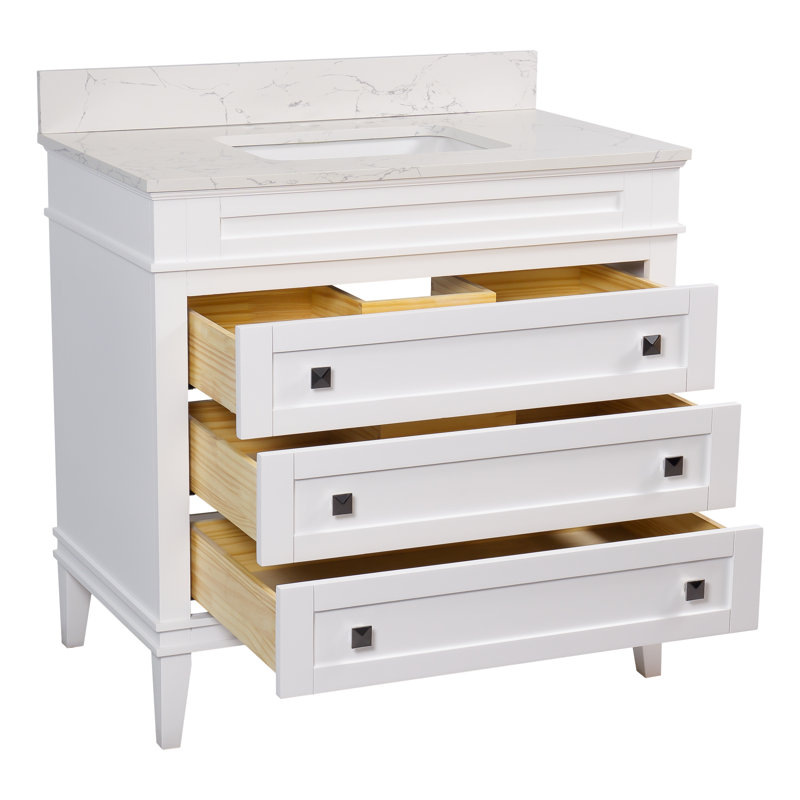 Meuble-lavabo simple 36 po avec armoire blanche et comptoir en marbre d'ingénierie Whitman, Blanc, Marbre d'ingénierie