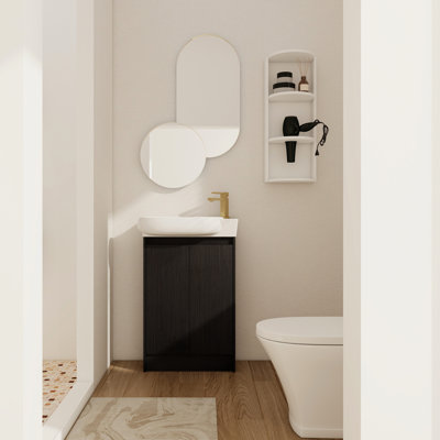 Meuble-lavabo moderne autoportant de 23 po avec lavabo, portes à fermeture douce, support de rangement, contreplaqué de haute qualité, châtaignier noir, rangement mural à trois niveaux, tablettes réglables dans l'armoire