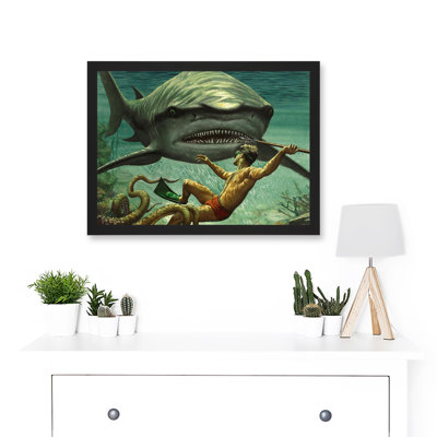 Shark Attack Octopus Diver Spear Adventure Underwater - Single Picture Frame Painting
