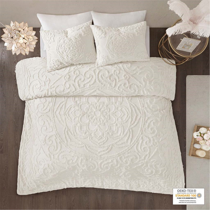 Ensemble de housse de couette médaillon en coton touffeté 3 pièces pour lit double / grand, Blanc cassé