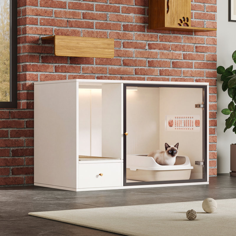 37'' White Cat Litter Box Enclosure, Hidden Indoor Litter Box Furniture With Glass Door and Light, Modern Wooden Kitty House Washroom Sideboard End Table For Large Cats