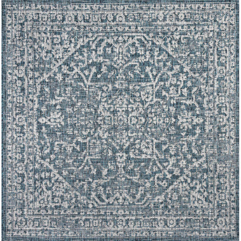Massimo Bohemian Medallion Textured Weave Teal/Gray Indoor/Outdoor Rug, Square 6'7"