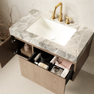 Meuble-lavabo de style 36 po, comptoir en pierre frittée, vasque en céramique, armoire en contreplaqué, tiroir à fermeture en douceur, comptoir de meuble-lavabo pré-assemblé, tiroir et rangement pour porte