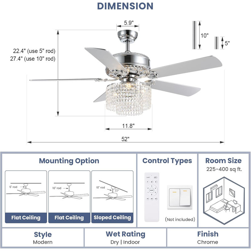 52 Inch Crystal Ceiling Fan With Light And Remote Control, Modern Chandelier Fan With 5 Reversible Wood Blades Chrome Fandelier For Living Room Bedroom (Fine Line Crystal-Ceiling Fan)