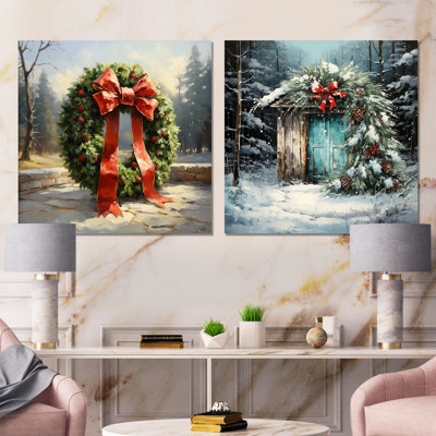 Green Christmas Wreath - Ensemble de 2 impressions sur toile