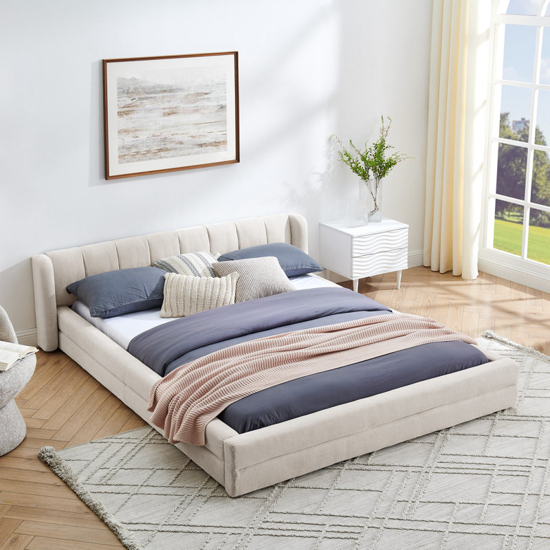Upholstered Bed Frame with Thick Fabric, Beige