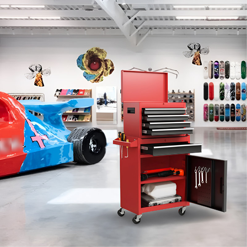 Red 5 Detachable Tool Chest With Hooks - Rustproof & Space For Garage Rolling Storage Top Padding Universal Wheels Workshop