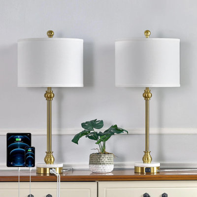 Gold Marble Iron Table Lamp Set of 2 Adjustable Height 24 to 30 Inch with USB Type C Ports White Drum Shade Rotary Switch Bulb Not Included for Bedroom Living Room Farmhouse