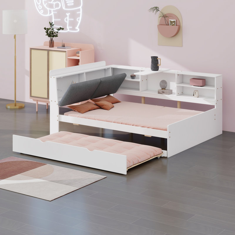 Lit plateforme avec lit gigogne, tablettes et tête de lit, Lit double, Blanc