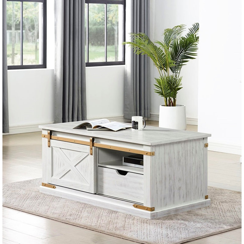 Table basse rustique en blanc antique et or avec tablettes ouvertes, tiroir accessible des deux côtés et structure en métal pour le salon 1 pièce