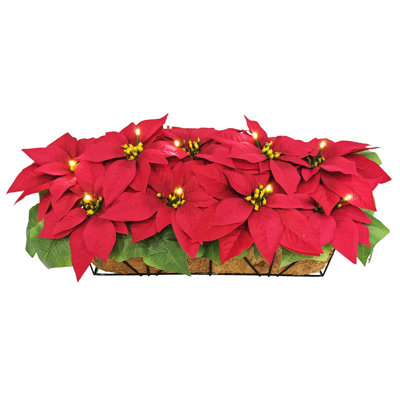 24 Inch Pre-Lit Battery-Operated Artificial Red Poinsettia Window Box Décor