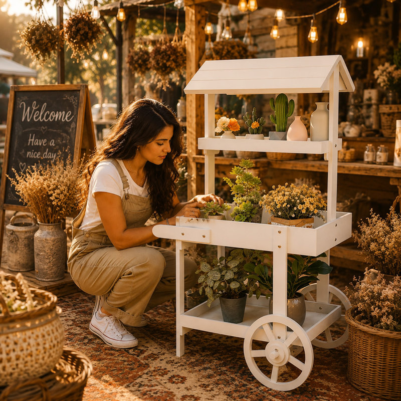 Présentoir à fleurs en bois de 125 cm (49,25 po) à 3 niveaux avec roulettes décoratives