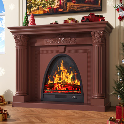 Foyer électrique en bois massif de 130 cm avec manteau, meuble télé intégré, noyer