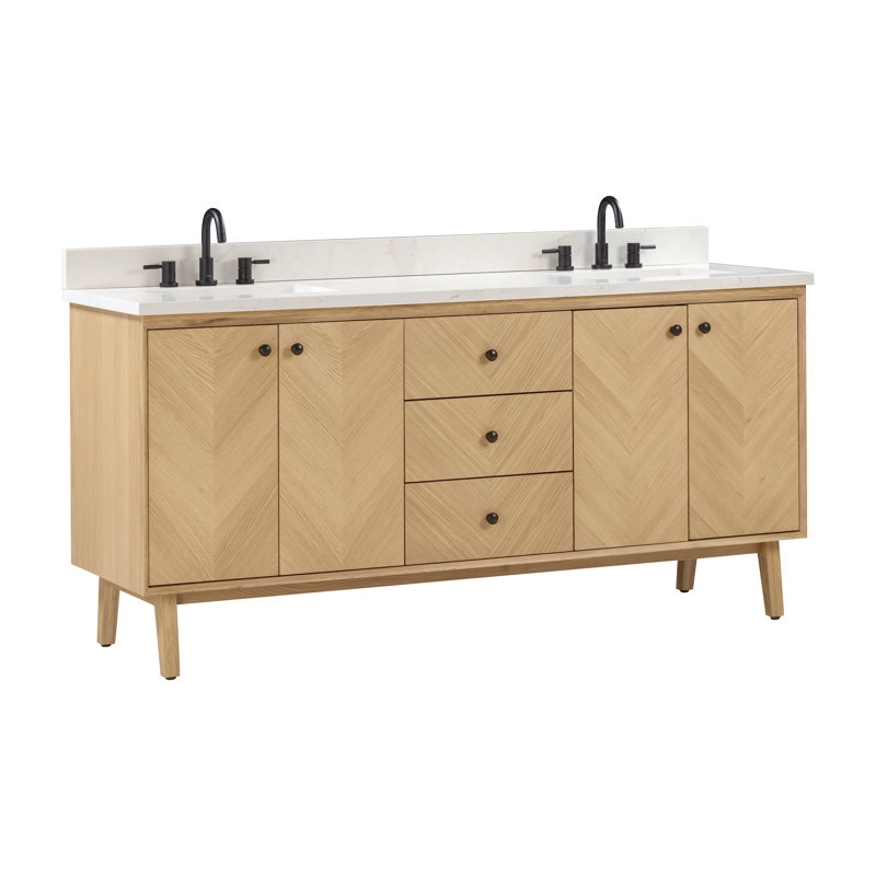 Meuble-lavabo double autoportant 72 po avec plateau en quartz Adele, Naturel, Noir, 73