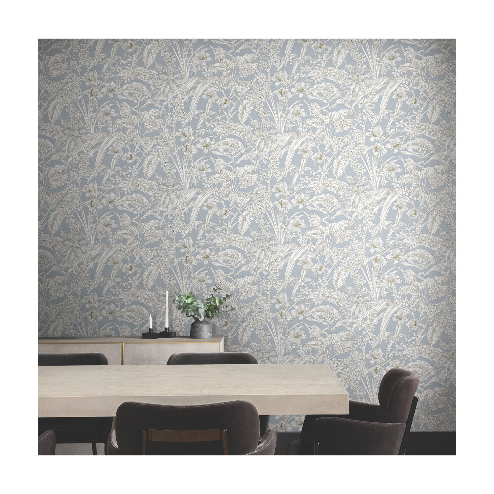 Conservatory Toile Floral,Solids Wallpaper, Blue & Taupe