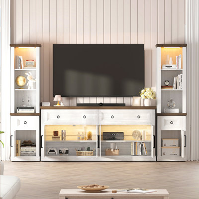 Meuble télé 3 pièces Jonathan Farmhouse avec bibliothèques, station de charge et lumières à DEL pour téléviseur de 75 po ou moins, meuble télé avec 4 tiroirs et armoires de rangement, console de télévision pour salon, chambre à coucher