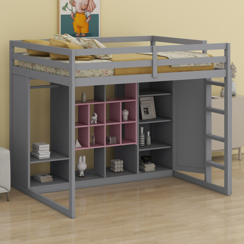 Lit mezzanine en bois avec garde-robe, tablettes et armoire, Double, Gris / Rose