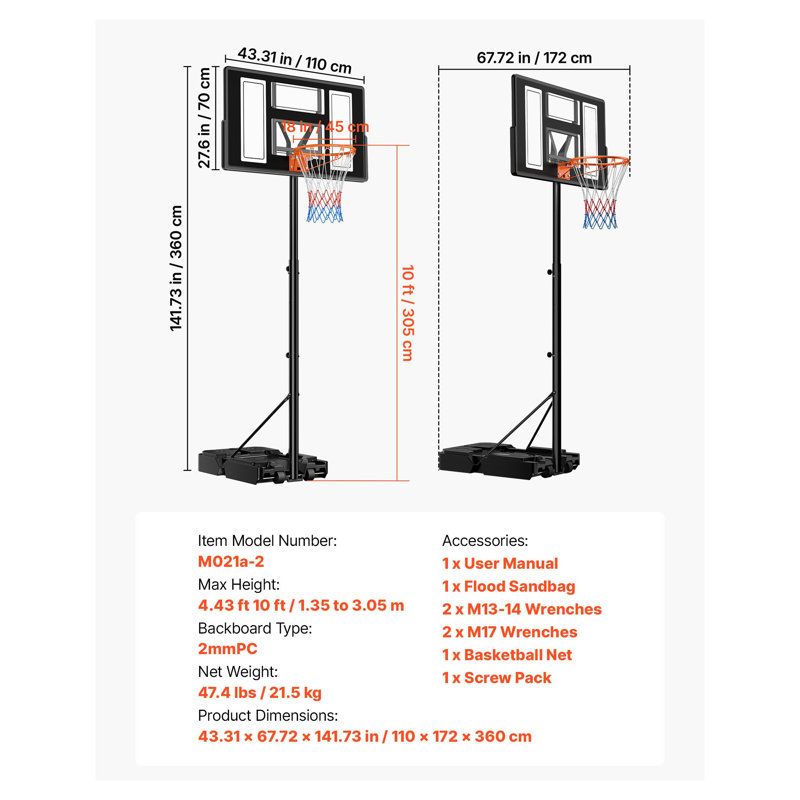 Système de cerceau de basketball réglable réglable, but extérieur de 4,4 pi à 10 pi de hauteur avec panneau arrière en PC et roulettes pour l'allée