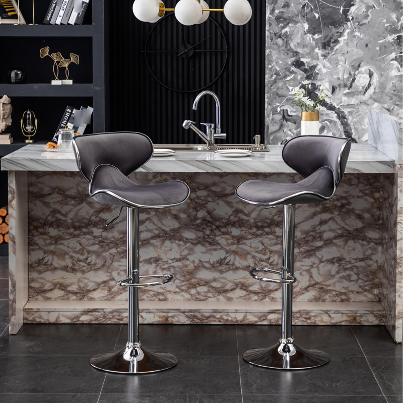 Velvet Upholstered Swivel , Of 2 In Gray. Chromed Metal Base With 360 & Footrest. Air-lift Adjustable Seat. Foam Soft 17.43"w X 21.6"d 32.41"-41"h. 250 Lbs Weight-enduring Capacity 2 Gray - Air Lift