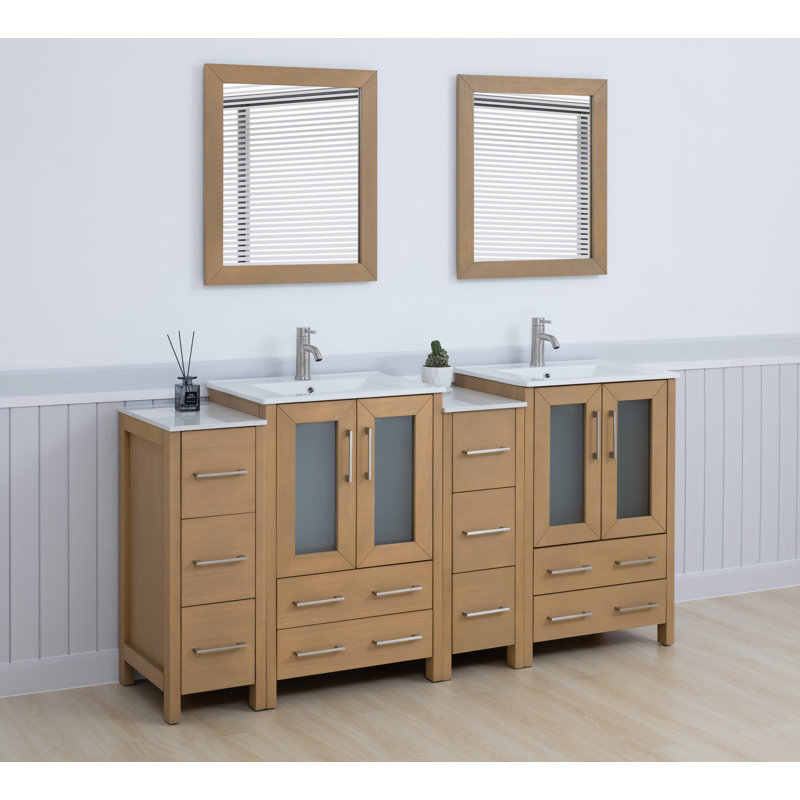  Modern 72" Double Bathroom Vanity Set with Mirror, Natural Oak