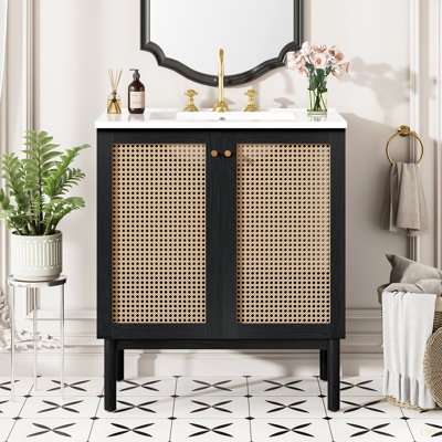 Meuble-lavabo de 30 pouces fabriqué à partir de matériaux, avec des portes en rotin faites à la main et des mécanismes de fermeture en douceur