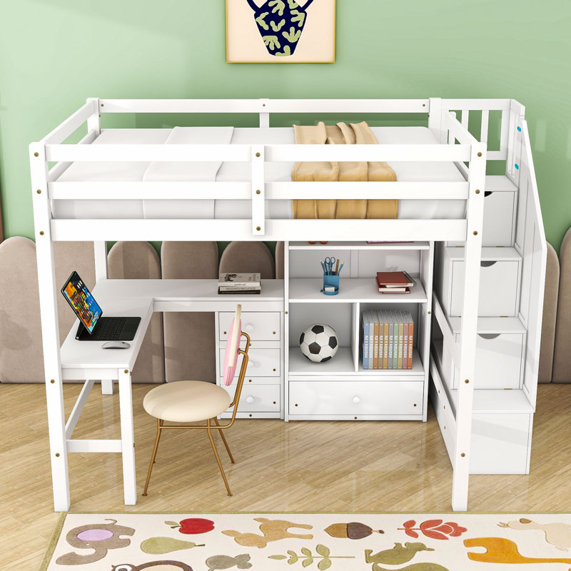 Lit mezzanine double avec tiroirs, bureau, escalier de rangement et garde-corps, Blanc