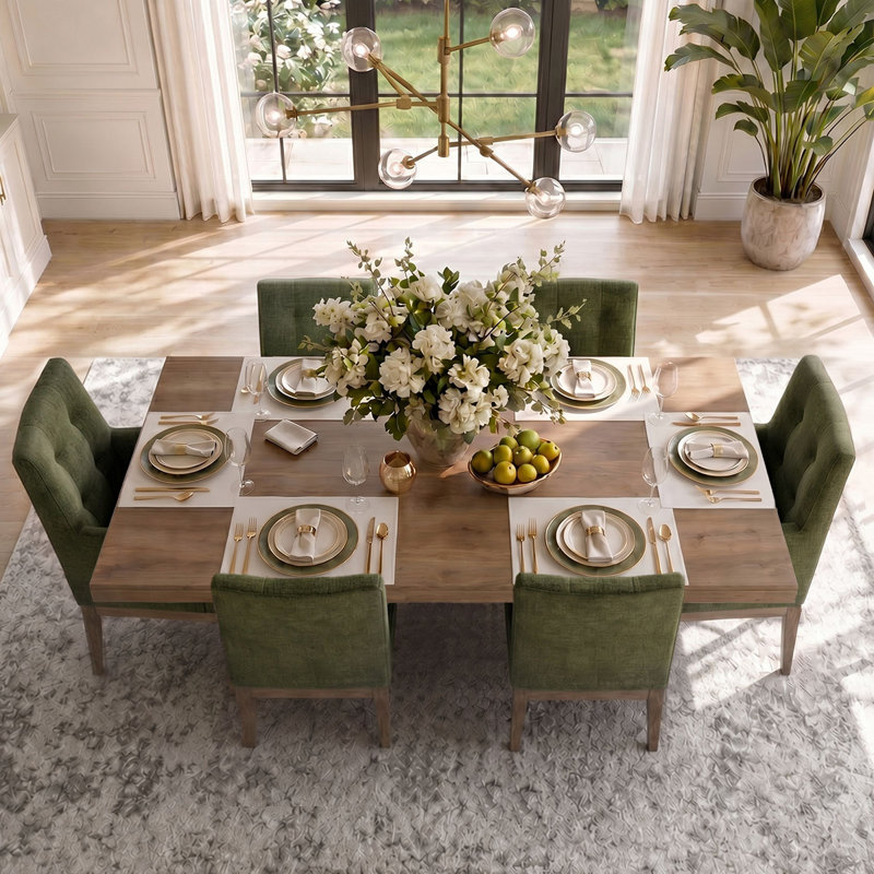 6-Piece Tweed Upholstered Solid Wood Legs Dining Chair Set, Green