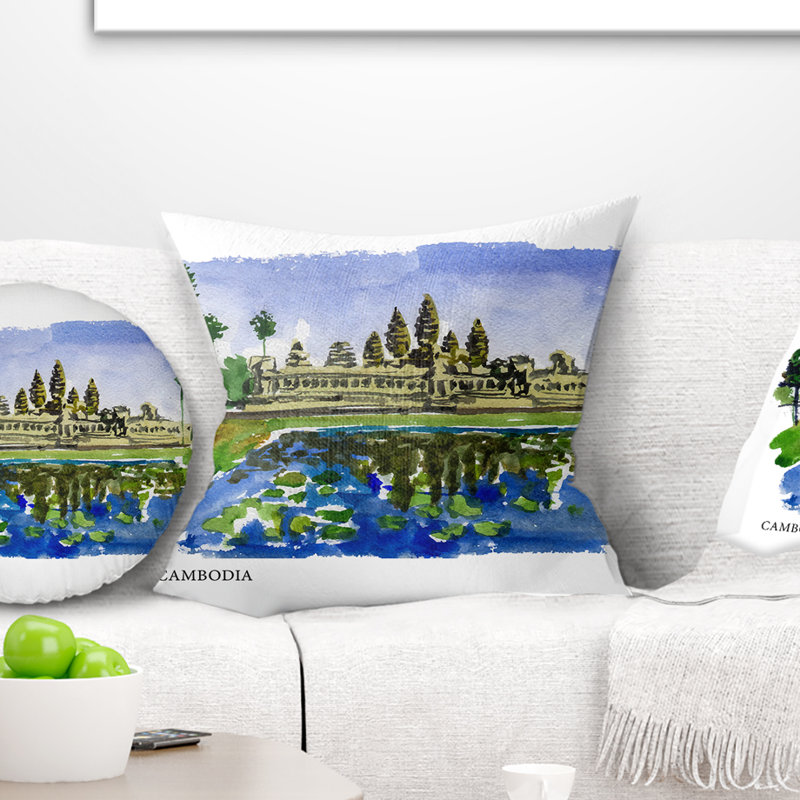 Cambodia Vector - Landscape Printed Pillow, 16" x 16", Throw Pillow
